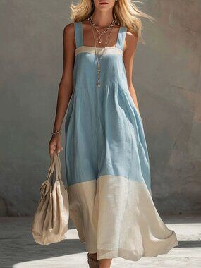 2/$45 NWT Boho Colorblock Maxi Dress L Blue Cream Sleeveless Travel L